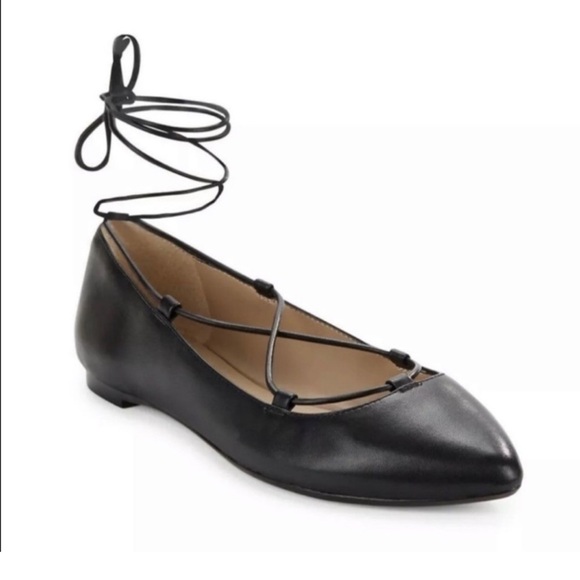 424 Fifth Black Leather Point Ballet Lace up flats 10 - Picture 1 of 9